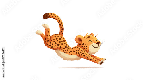 A cartoon cheetah cub chasing its own tail in a playful, looped animation-style pose.