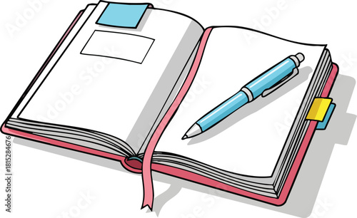 Open Diary Journal With Pen and Bookmarks on White Background