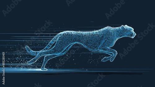 A minimalist cheetah in motion, composed of sleek speed lines and a digital data trail.