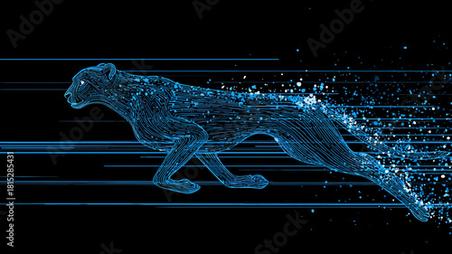 A minimalist cheetah in motion, composed of sleek speed lines and a digital data trail.