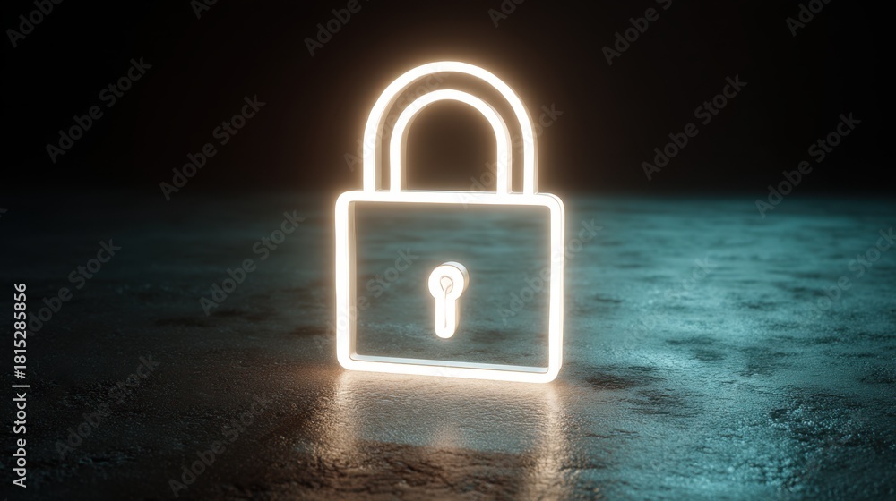 Fototapeta premium Bright Neon Lock Symbol Representing Security and Protection in a Modern Dark Environment, Signifying Safety and Privacy in Digital Era