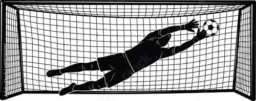 Soccer goalkeeper diving save illustration, football goalie action pose, sports silhouette vector, goal net scene, athletic defense artwork design