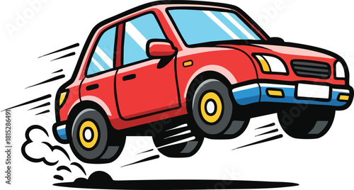 Red Automobile Performing a Jump Action with Motion Trails and Exhaust Smoke Against a White Background