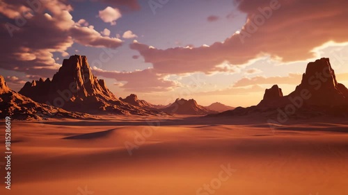 Majestic desert sandstone rock mountain landscape sunset sky cloud formations, golden peace, awe, tranquility, vibrant, dramatic, isolation, dunes