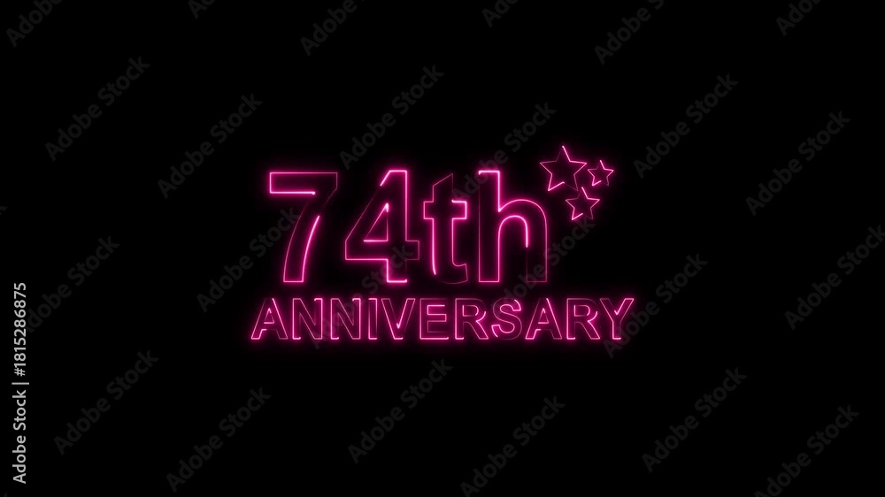Celebrate 74th anniversary with glowing pink neon text and sparkling ...