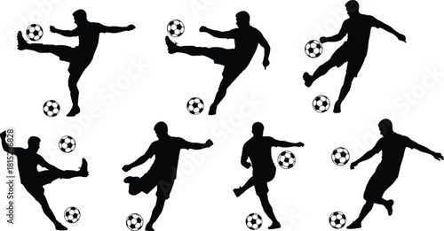 WebDynamic Football Players Shooting and Striking the Ball in Action Poses for Sport and Competition Vector.