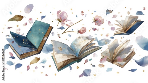 Whimsical watercolor illustration of open books floating amidst falling petals and leaves