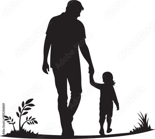 Minimal black silhouette of a parent holding a child’s hand with soft curves, simple shapes, high-contrast vector design on a white background