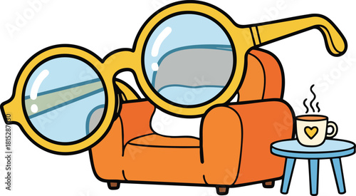 Large eyeglasses rest on a small orange armchair next to a steaming cup of coffee on a blue table