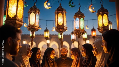 Ramadan Eid Celebration Gathering Family People Sharing Joy Warm Light Festive Evening Under Glowing Lanterns Crescent Moons Evoking Peace Connection