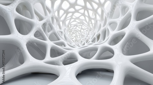 Fototapeta Naklejka Na Ścianę i Meble -  Abstract white organic network structure creating a seamless tunnel effect with smooth curves and intricate patterns, suggesting depth and fluid motion