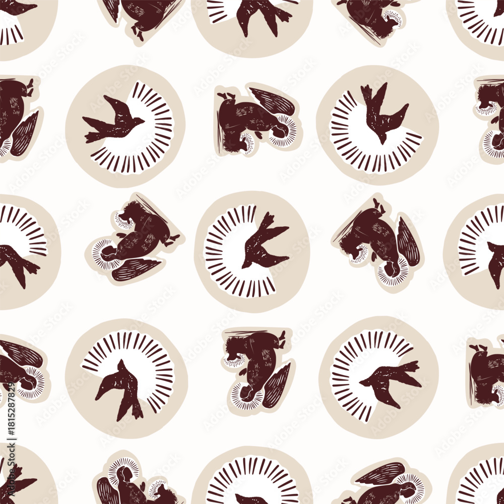 Obraz premium Religious nativity scene background. Hand drawn angelic messenger for Christian Christmas vector pattern. Lino cut Angels with star of holy dove all over print.