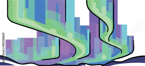 Abstract Aurora Borealis Lights Dance in Green Purple Blue Over Dark Landscape