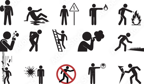 Safety Hazard and Warning Sign Silhouette Icon Set – Workplace Accident Prevention