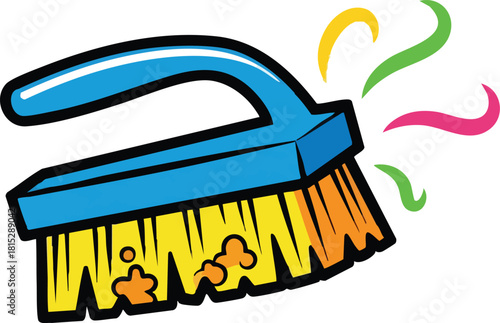 Blue Cleaning Brush with Colorful Bristles and Swirls on White Background