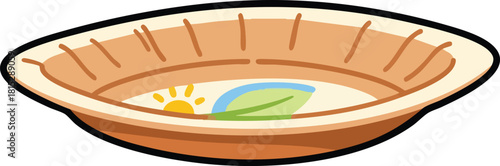 Round Beige Paper Bowl With Sunrise Leaf And Blue Sky Illustration