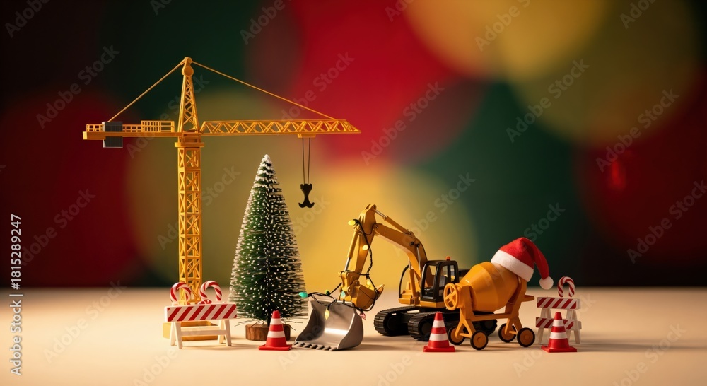 Naklejka premium Miniature Construction Scene with Christmas Tree and Santa Hat Decorations in Festive Environment