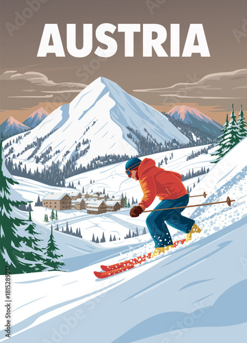 Austria Skiing Poster, Retro Travel Card, Vintage Winter Holiday Design