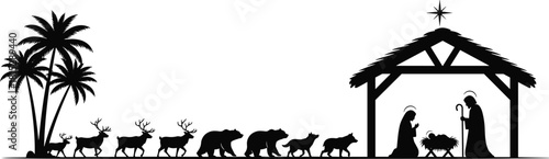 Christmas Nativity scene silhouette, Holy Family in stable, star, palm trees, and animals walking procession, vector illustration.