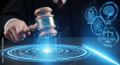 Gavel of digital justice strikes a verdict on privacy, bias, and ethics in ai law.