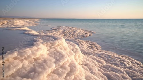 Salt formations, calm blue sea edge, serene coast landscape, natural beauty texture, mineral mineral, tranquil ocean water, frothy white foam