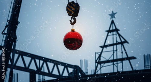 Industrial Christmas celebration with a heavy-duty crane lowering a shiny red ornament onto a construction site structure shaped like a festive Christmas tree under falling snow.