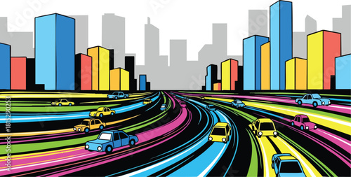 Colorful Cityscape Highway Traffic Scene With Abstract Buildings And Cars