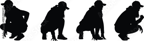 Silhouette illustration of a woman squatting in different poses wearing a cap and hoodie, dynamic urban figure collection for design use