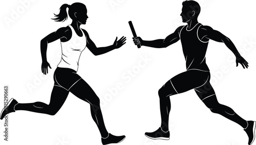 Silhouette of male and female athletes running in relay race baton handoff, dynamic sports teamwork illustration for fitness and competition themes