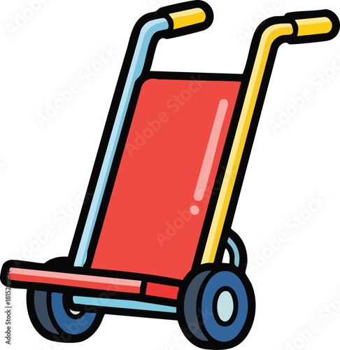 A Red Hand Truck Cart With Yellow Handles And Blue Wheels On A White Background