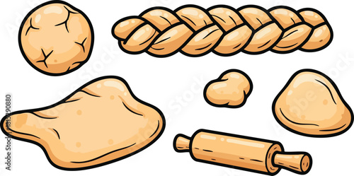 Various Stages of Dough Preparation and Braiding Including a Rolling Pin