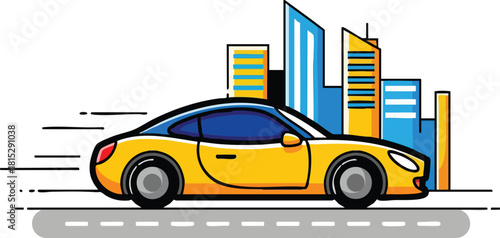 Yellow sports car driving fast through a cityscape with modern skyscrapers and a grey road
