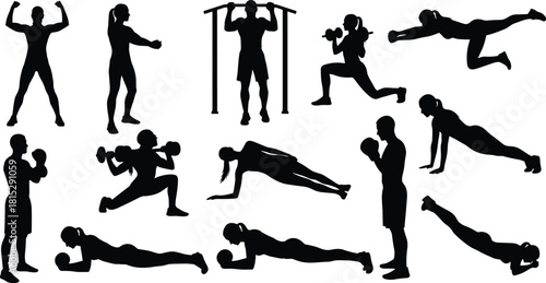 People Performing Various Strength Training, Weightlifting, Bodyweight, and Gym Workout Exercises Vector.