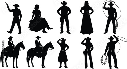 People Posing with Hats, Guns, Ropes, and Horses, Representing American Western Culture Vector.