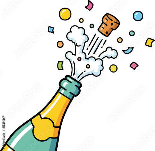 Champagne Bottle Cork Popping With Confetti And Bubbles Celebration And Party Fun