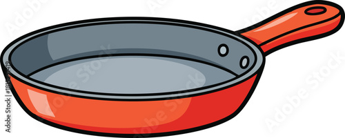 Orange and Gray Frying Pan With Black Outline Isolated on White Background