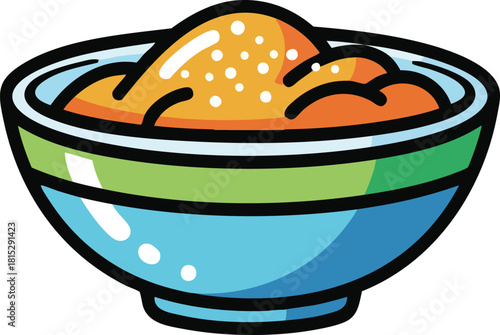 A Colorful Bowl Filled With A Textured Orange Substance And White Specks Against A White Background