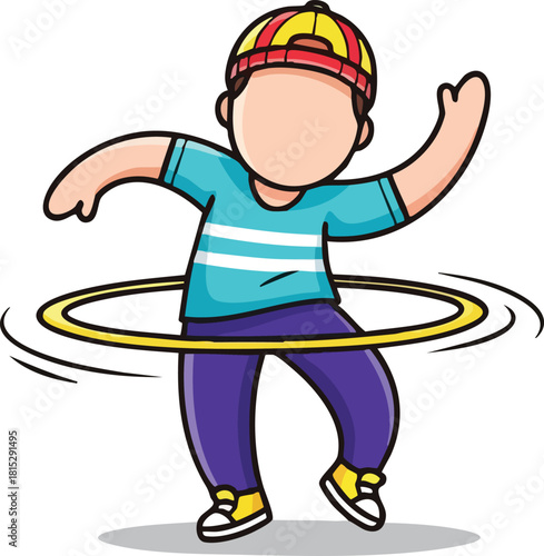 Cartoon Boy In Blue T Shirt Purple Pants And Yellow Shoes Plays With A Hula Hoop