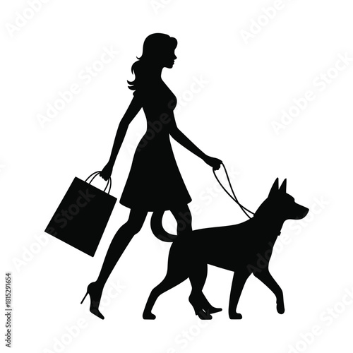 Silhouette of a woman walking her dog and carrying shopping bags