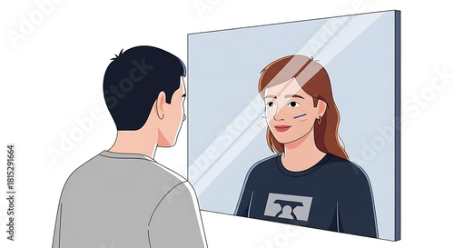 Man Looking in Mirror Sees Woman Reflection.