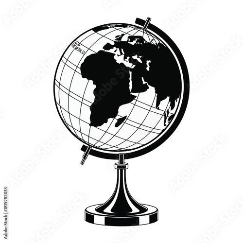 Black and white illustration of a classic globe on a stand
