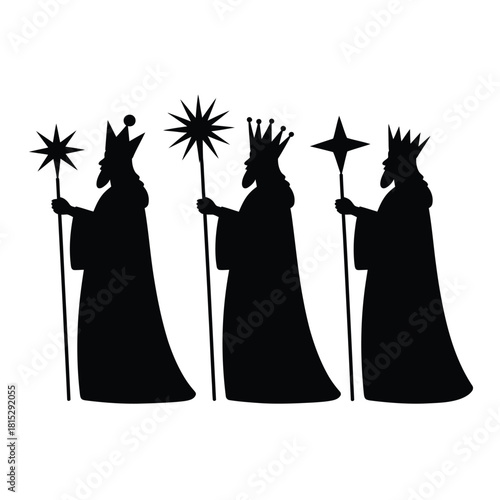 Silhouette of three wise men carrying stars on staffs