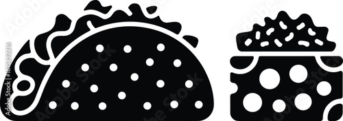 Black and white graphic icons of a taco and a slice of cheese food