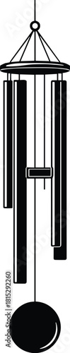 Black and white graphic illustration of a wind chime with multiple tubes and a round base
