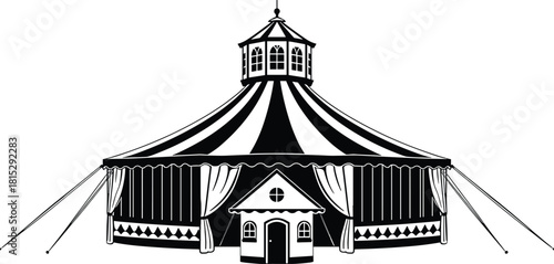 Black and white illustration of a striped circus tent with a small entrance house