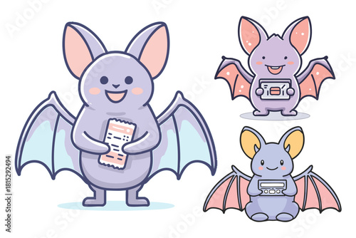 Cute cartoon bats with tickets adorable flying mammals winged character art