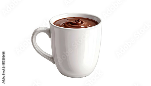 Hot chocolate fills a white mug, swirled on top, solid black back