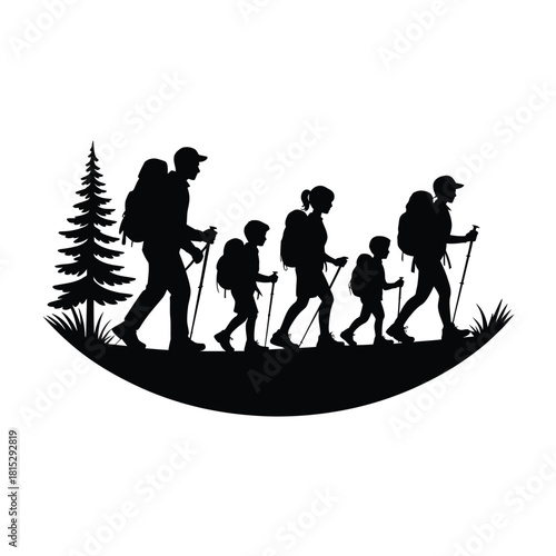 Family hiking silhouette with backpacks and trekking poles