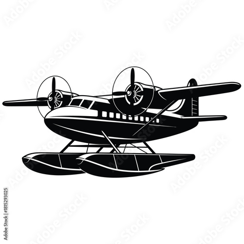 Vintage twin engine seaplane illustration black and white