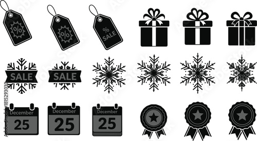 Christmas sale silhouette icon set, discount tags, gift boxes, snowflakes with banners, December 25 calendar, and award ribbons, vector illustration.